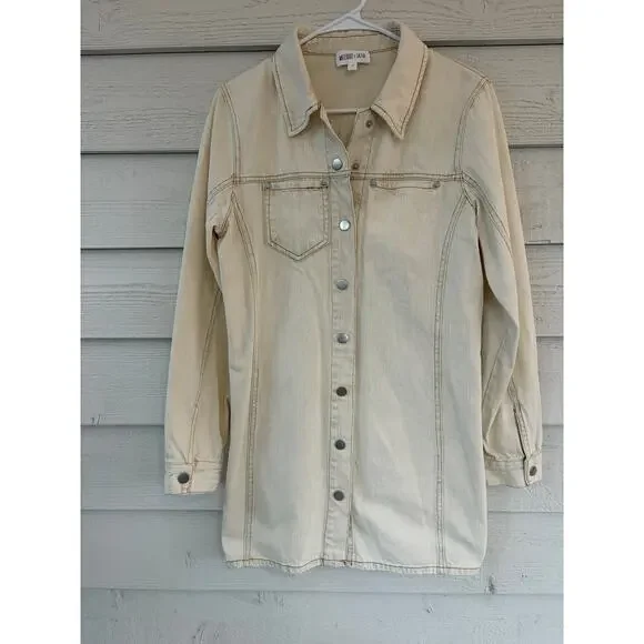 Whiteroom + Cactus Cotton Denim Shirt Dress Beige Snap Button Utility Size M - Picture 4 of 10